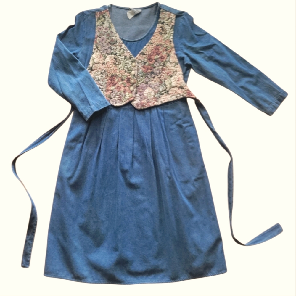 Vintage 90s Denim Dress With Floral Vest